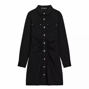 Zara Black Long-Sleeve Ruched Shirt Dress